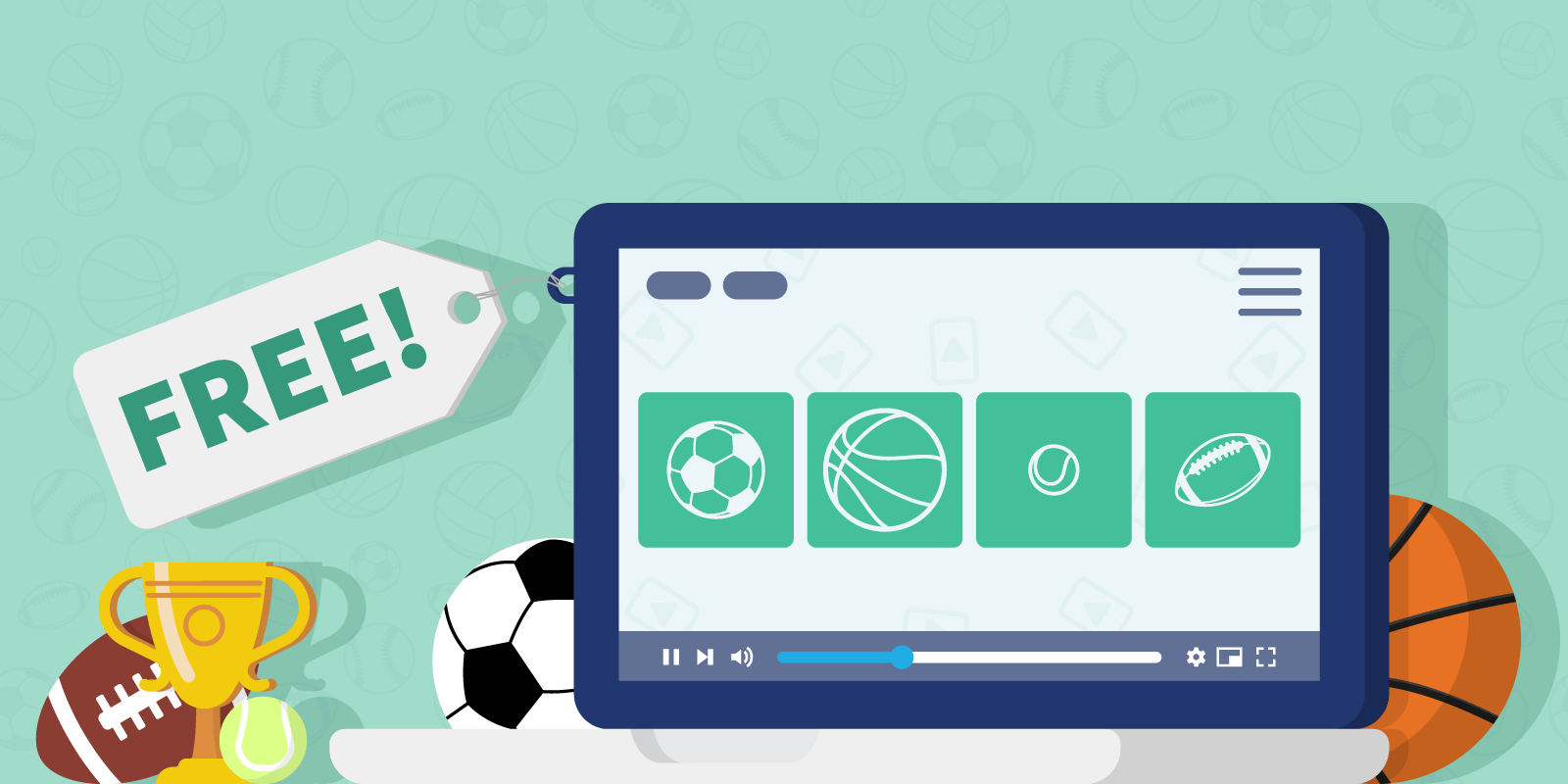 Digital illustration of volleyball, trophy, football and digital screen