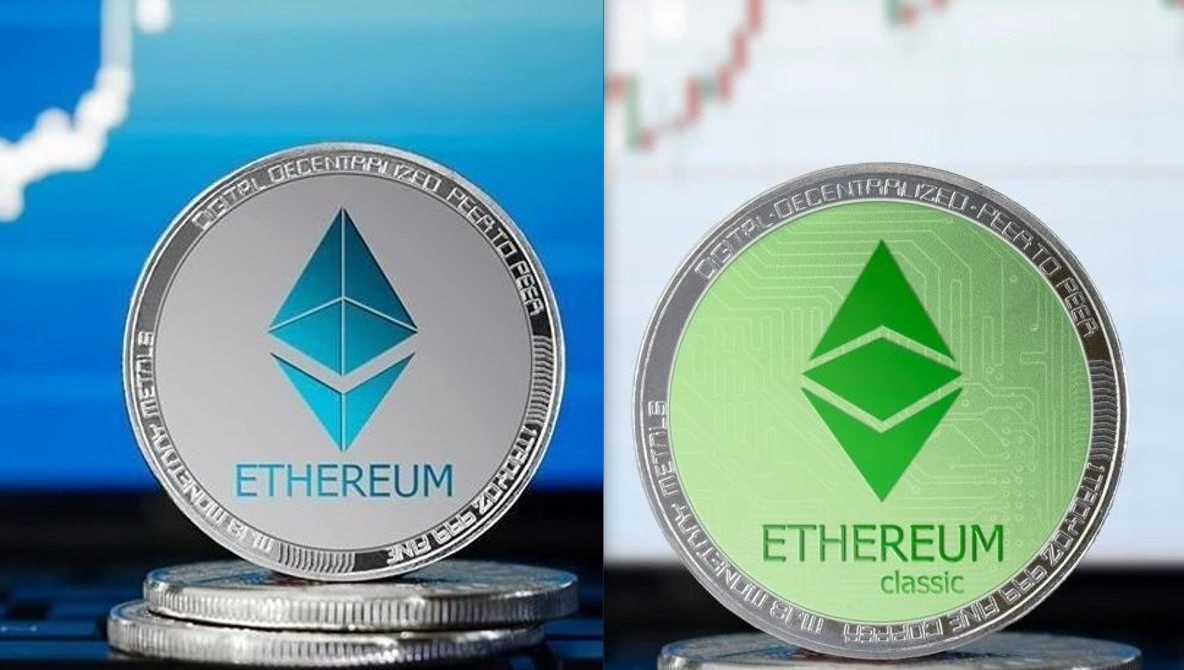 Ethereum coin with a light blue logo and Ethereum Classic coin with a light green logo 