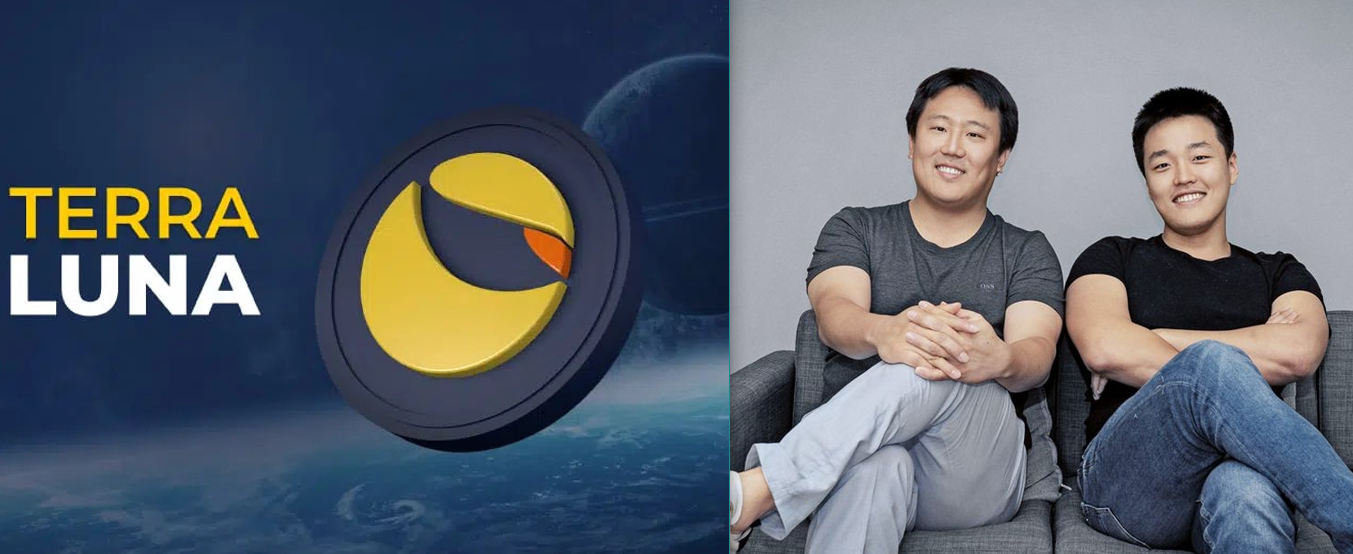 Terra Luna logo, with Luna crypto founders Daniel Shin and Do Kwon seated on a couch, with legs crossed
