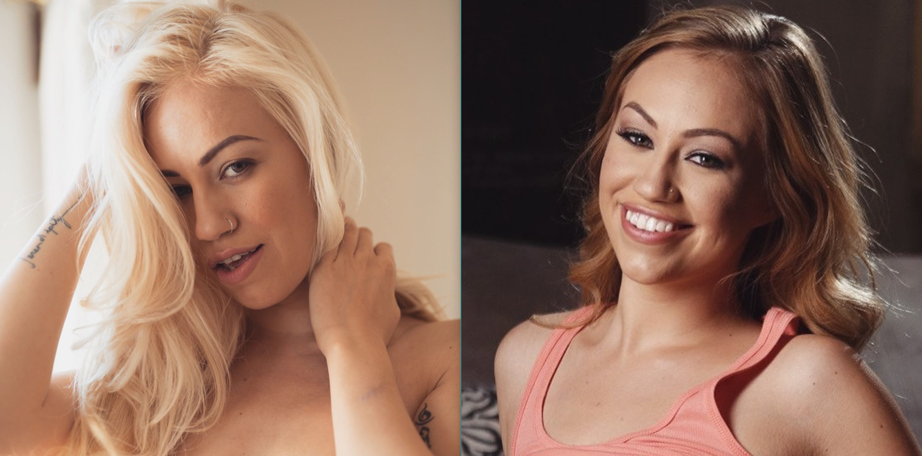 Two headshots of Lyra Law, left one with a longer blonde hair; right one with shoulder-length brown hair  