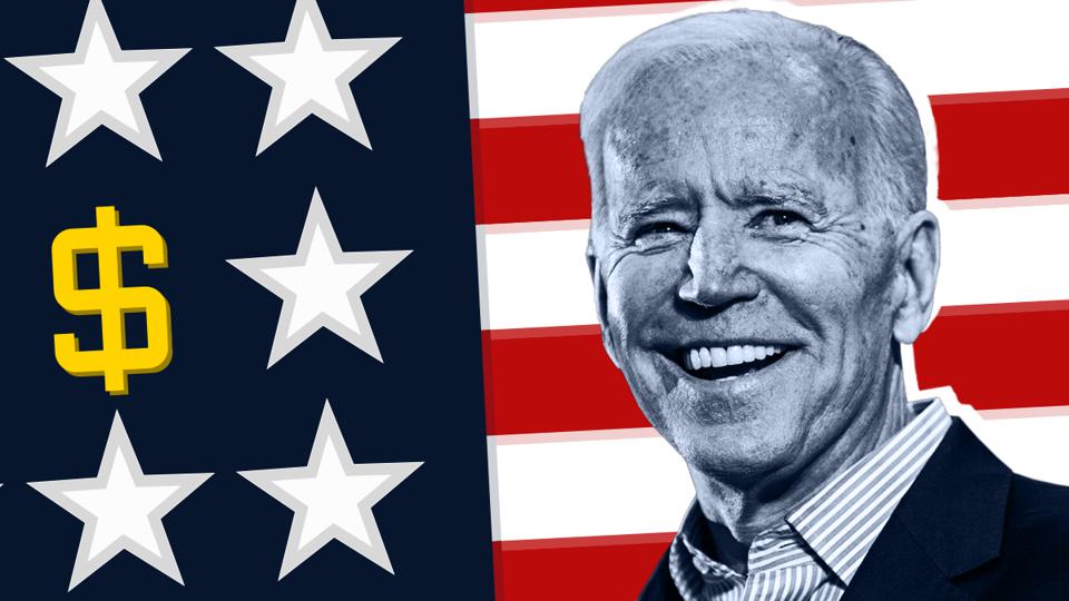 Joe Biden with the American flag at the background with a dollar sign