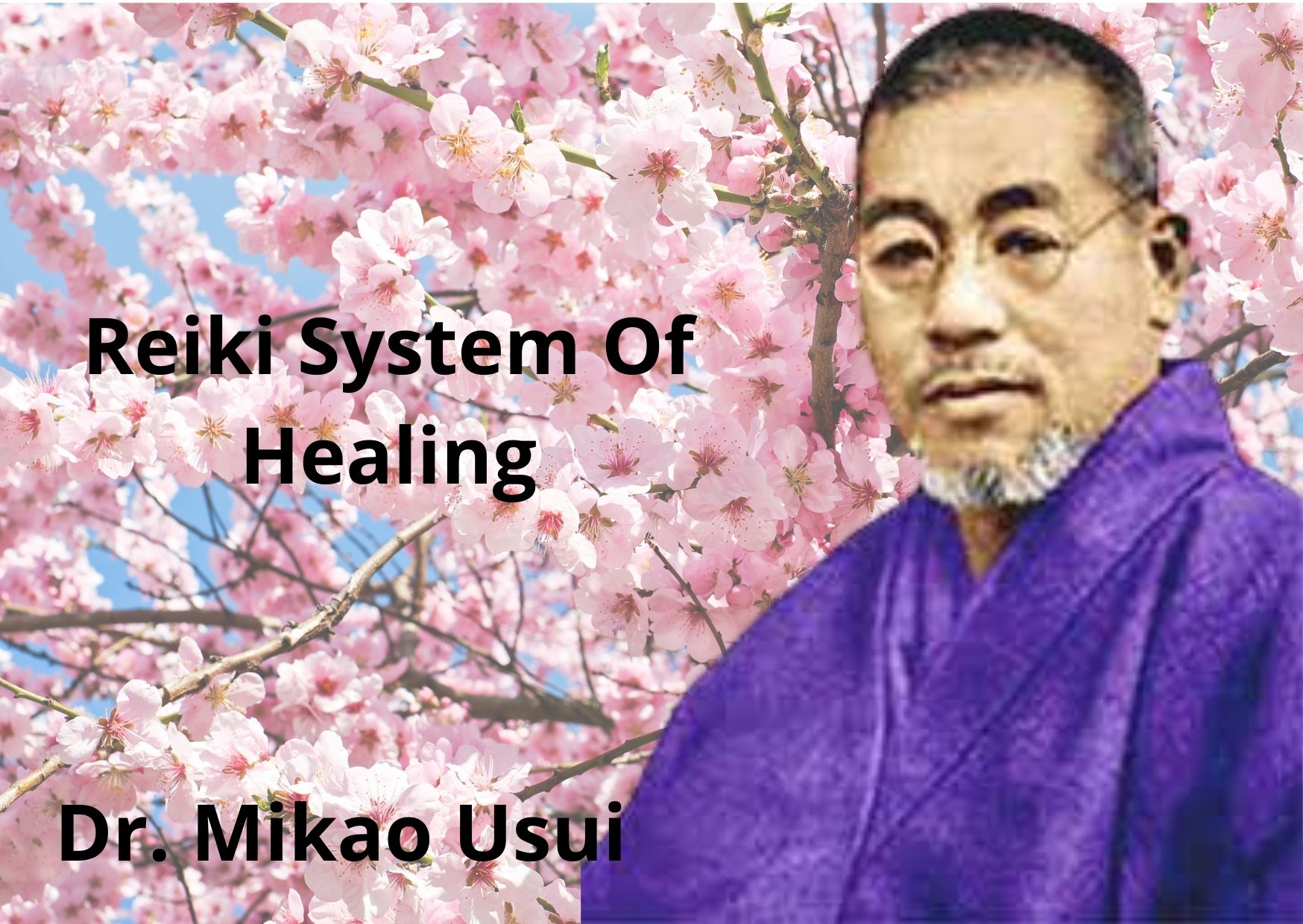 Dr. Mikao Usui wearing violet monk robe and round glasses