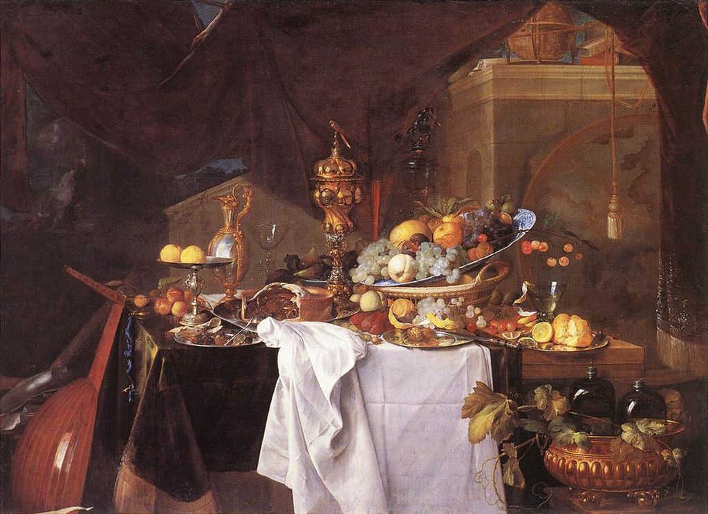 Painting of fruits on a table with other ornaments