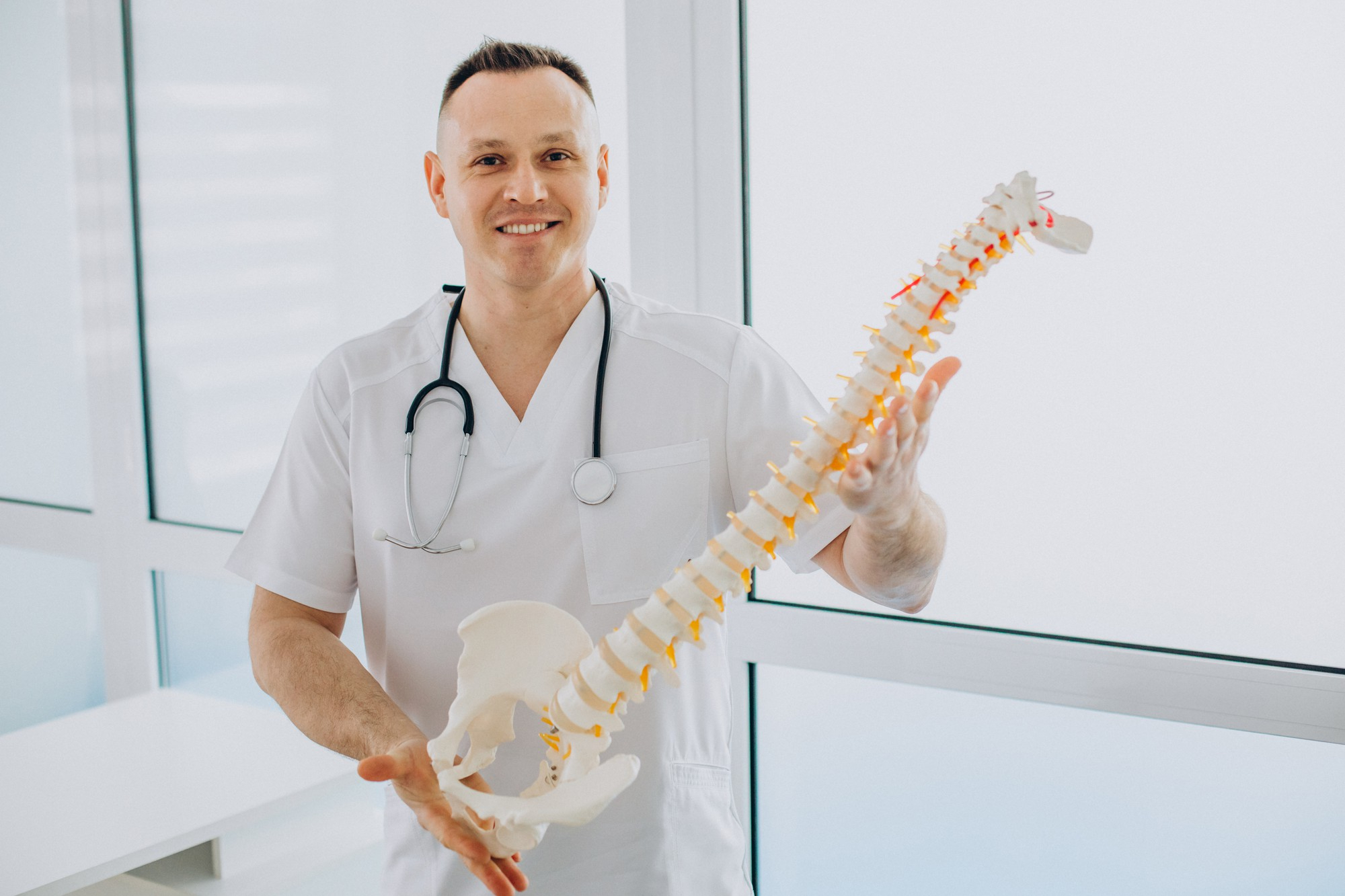 A physcian is holding artificial spine.