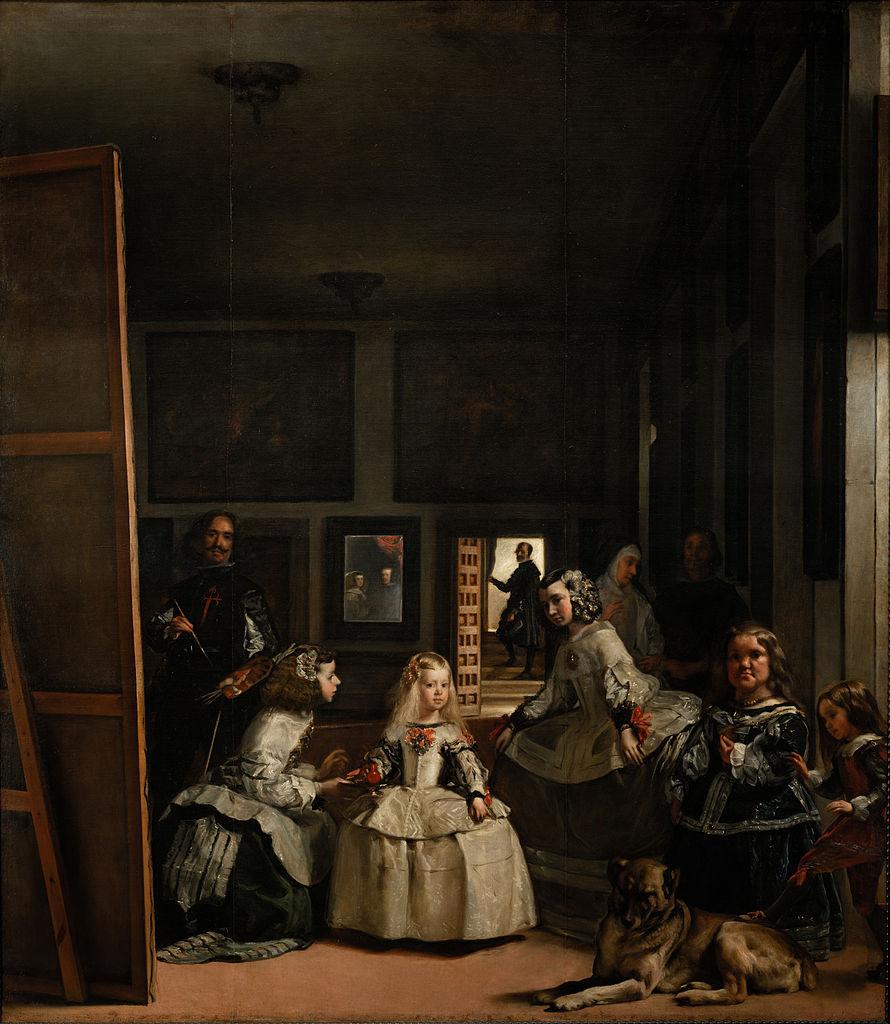 Painting of children wearing dresses and a dog sitting nearby