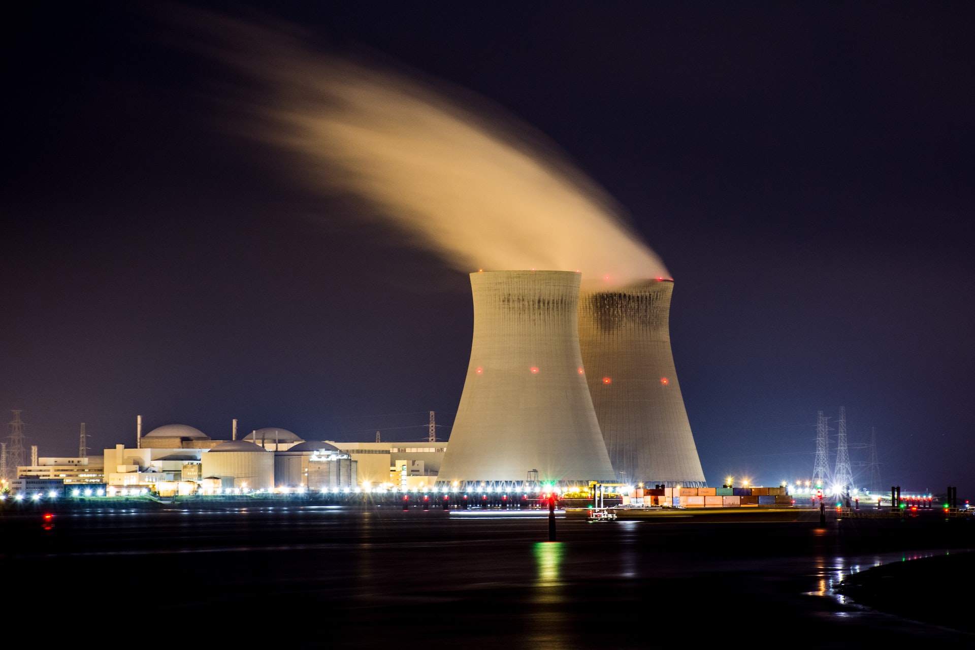 The Doel Nuclear Power Station at night in Antwerp, Belgium 