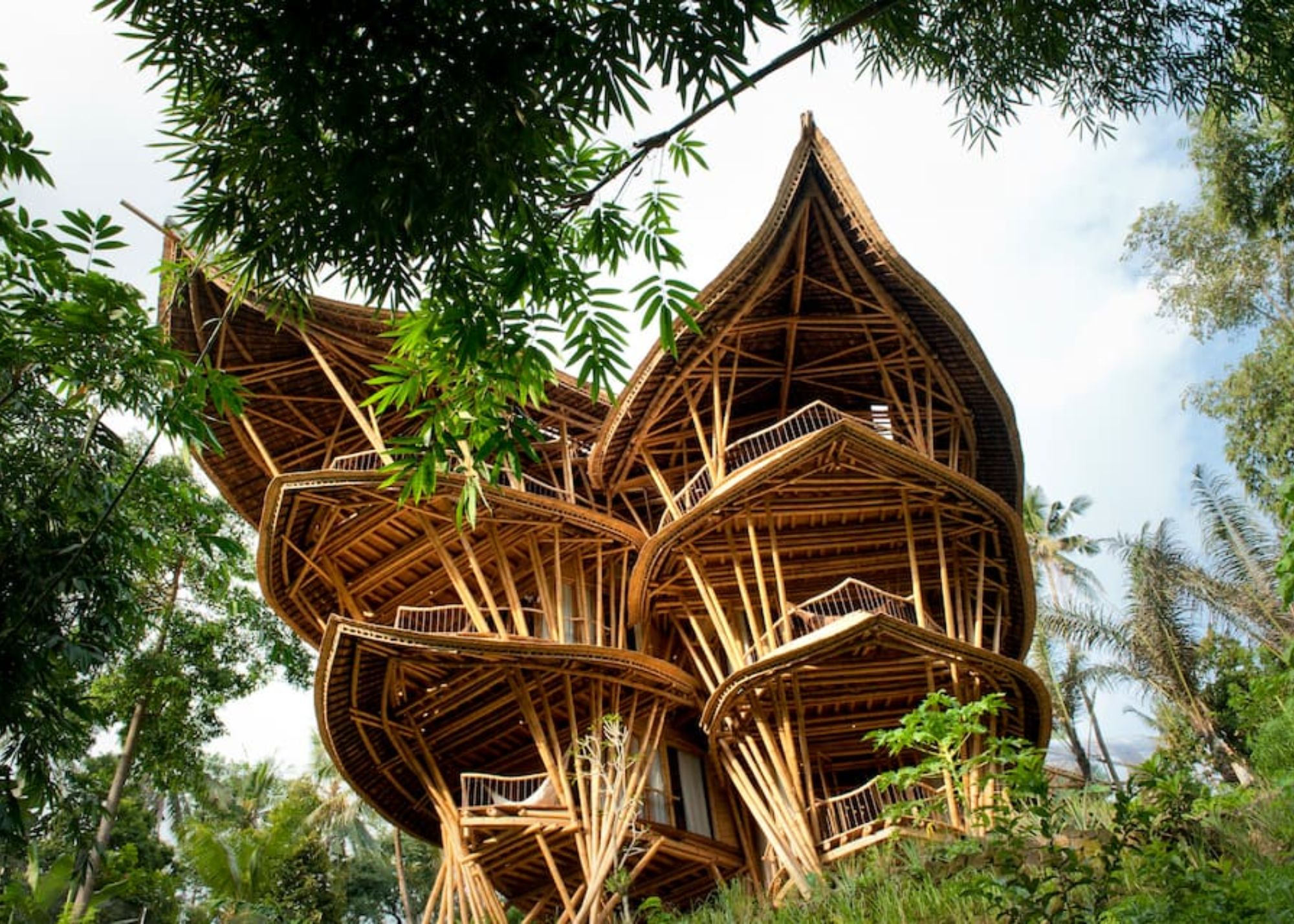 A house made of high-end bamboo designs with a pointed roof