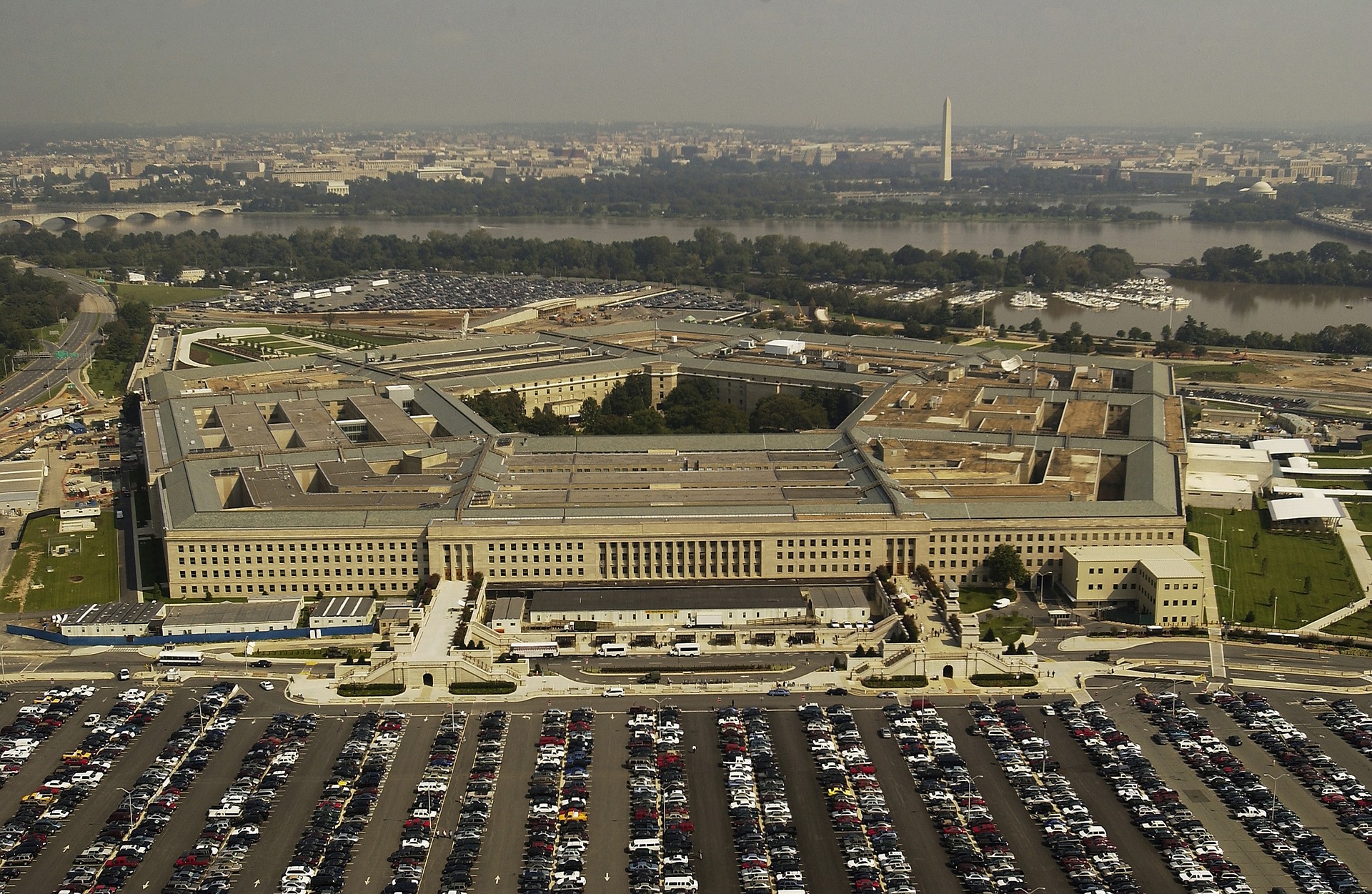 Aerial daytime view of the Pentagon in Washington, D.C., with the Potomac River in the background