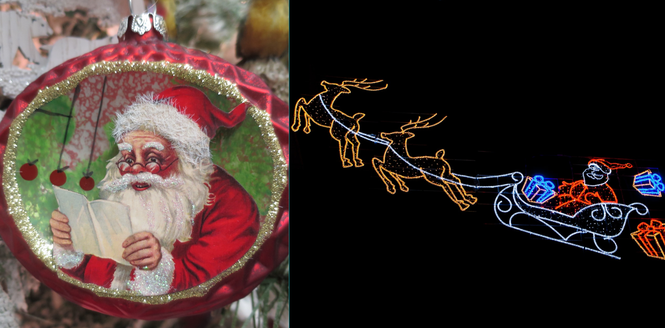 Christmas ball with Santa Claus reading a letter on it; neon lights of Santa Claus on his sleigh and two reindeers