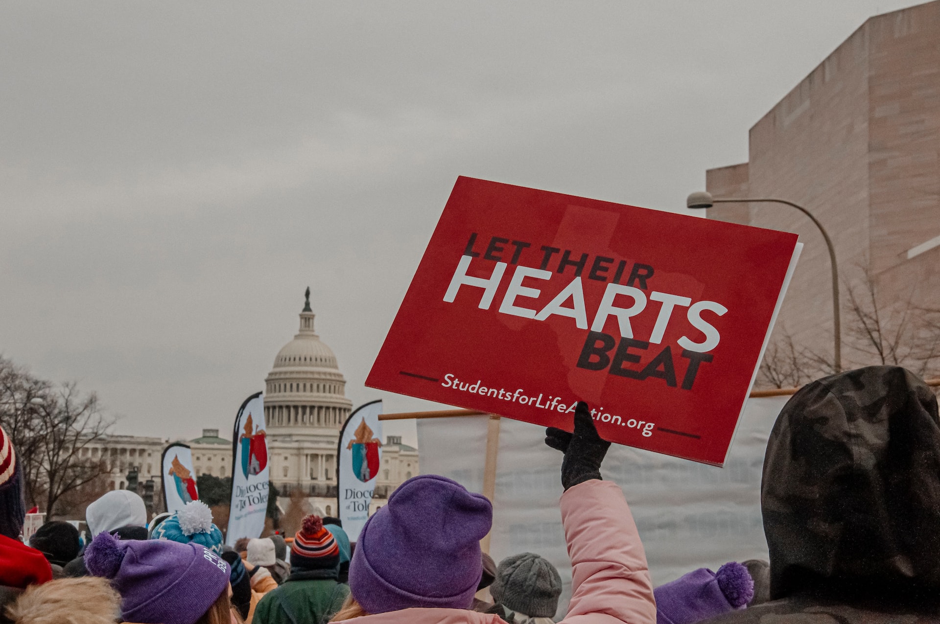 An anti-abortion rally near the Capitol in Washington D.C., with a placard that says ‘Let Their Hearts Beat’