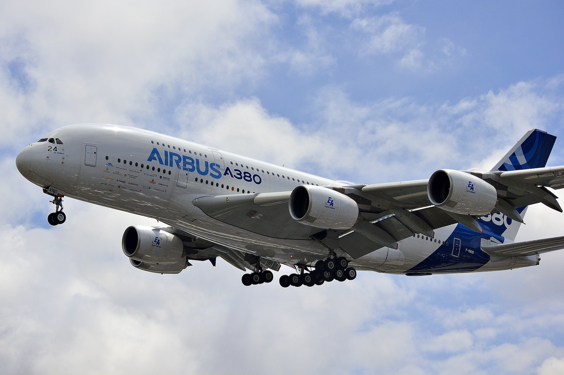 Airbus A380 up in a cloudy sky during a Paris airshow in Le Bourget, France