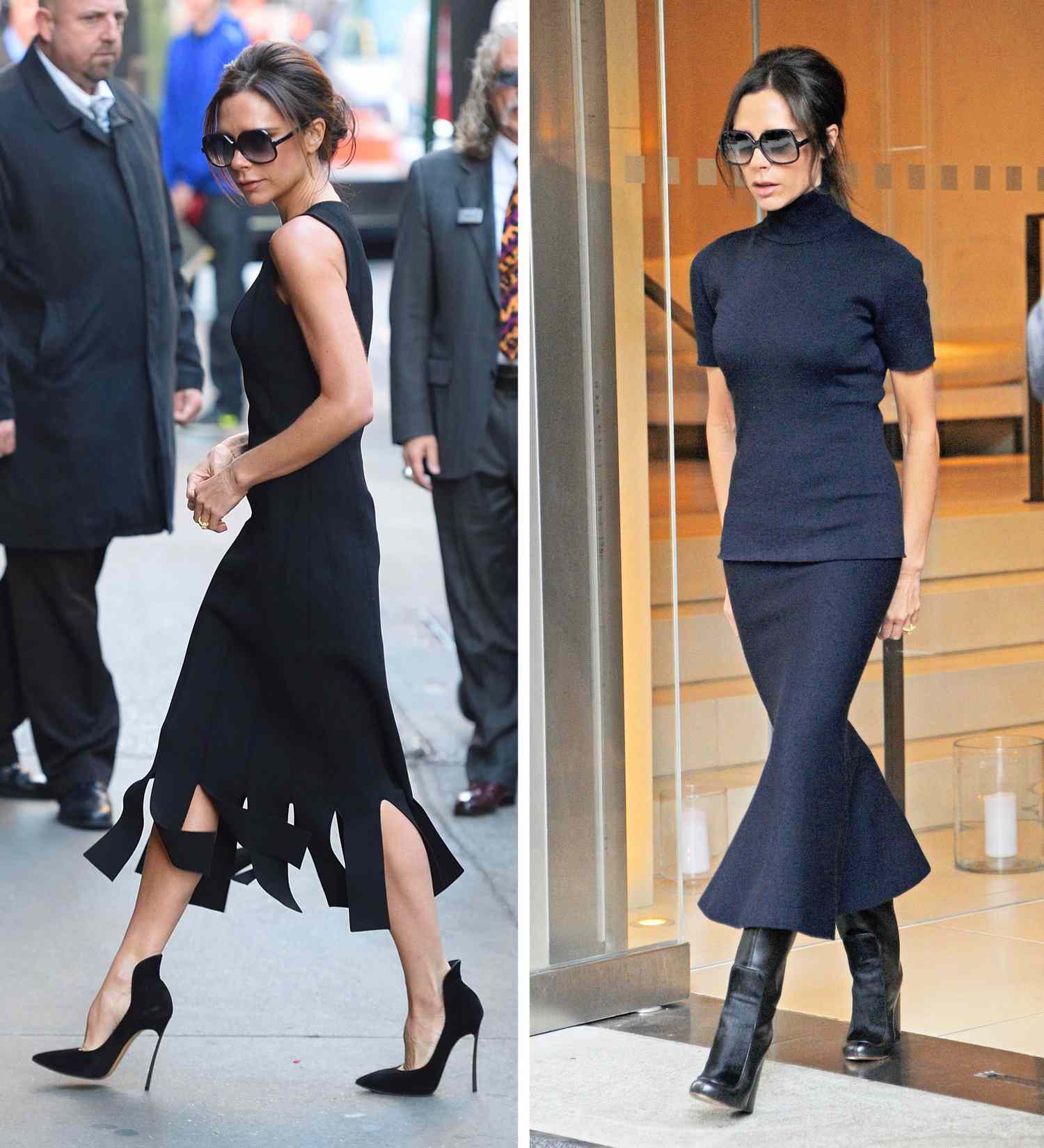 Victoria Beckham walking with 2 different styles