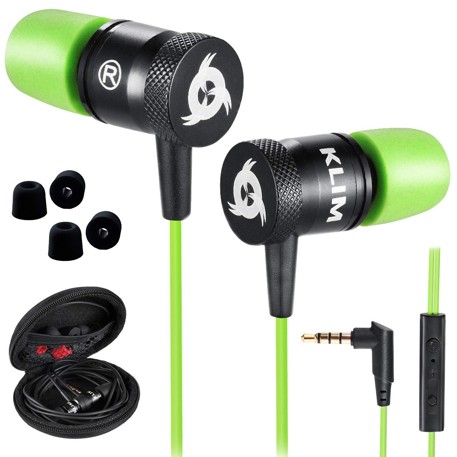 Green and black KLIM Fusion earbuds