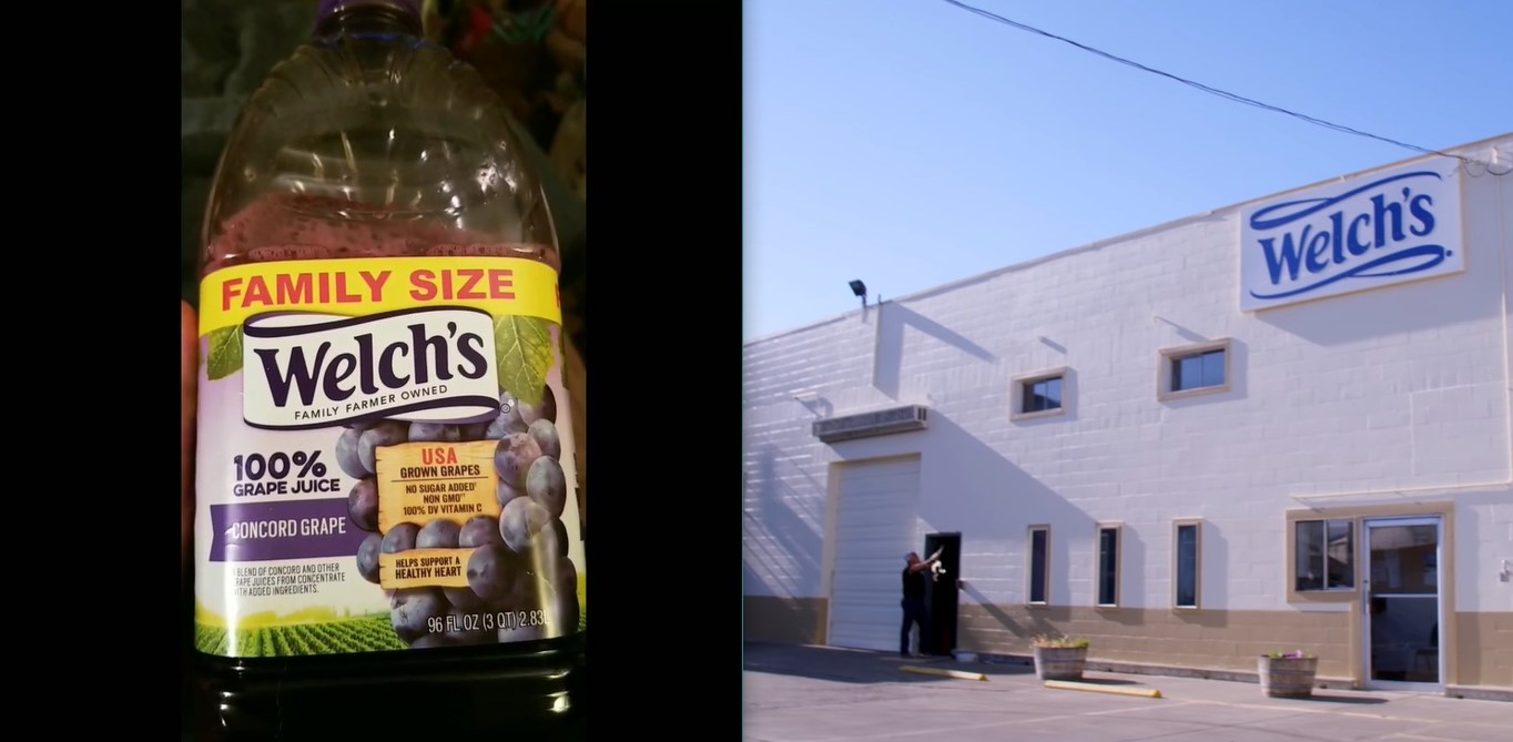 A family size Welch’s grape juice; Welch’s grape juice plant in Grandview, Washington painted in cream