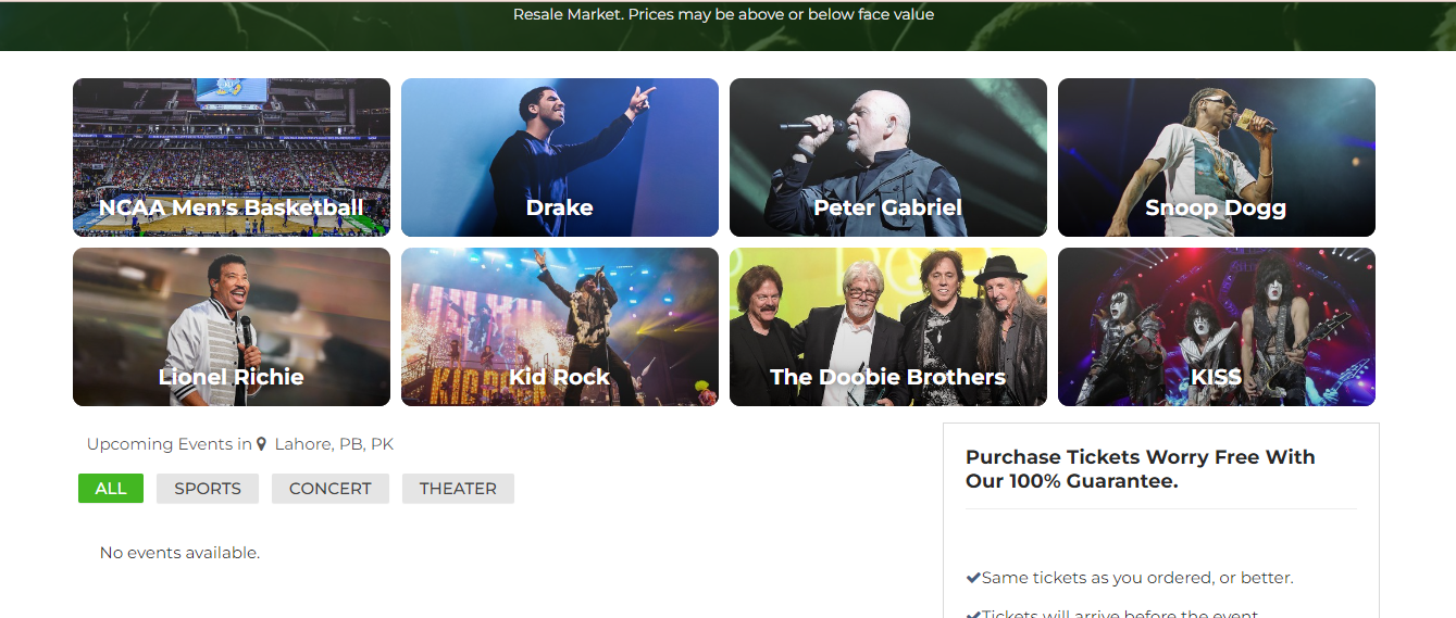 Screenshot of Ticketfaster website