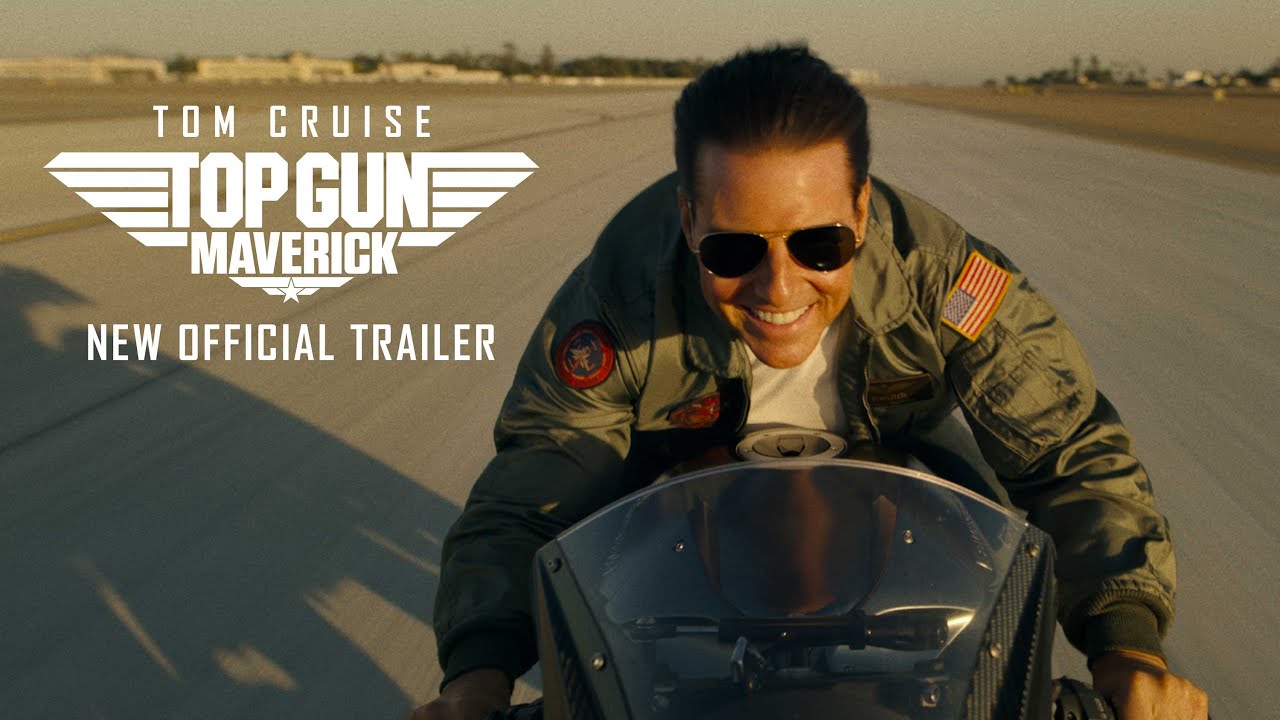 The poster of Top Gun: Maverick featuring TomCruise riding a big bike