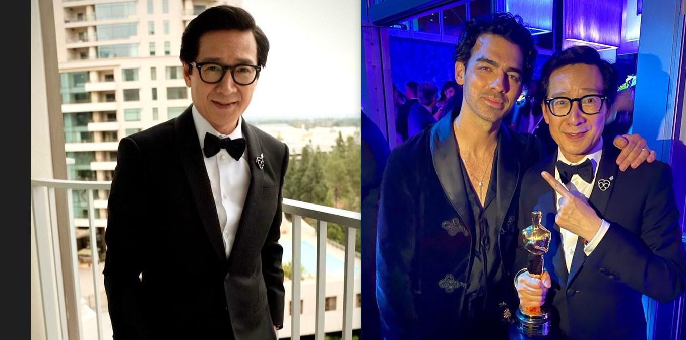 Ke Huy Quan in a black tuxedo and bow tie; Ke Huy Quan holding his Oscar trophy with Joe Jonas 