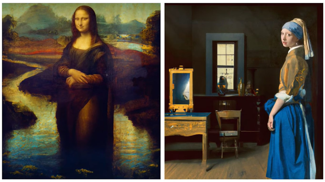 An AI-generated Mona Lisa who is standing up; the oil painting Girl with a Pearl Earring by Johannes Vermeer