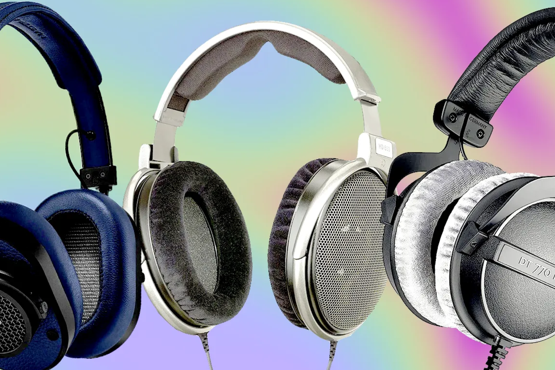 Three distinct types and colors of wired headphones