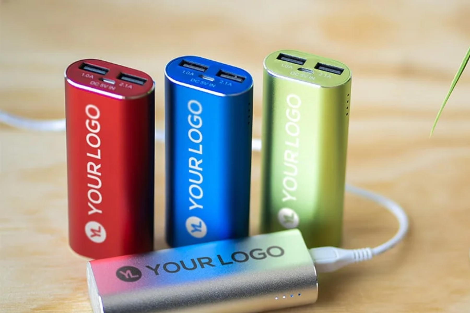 Four different colored powerbanks