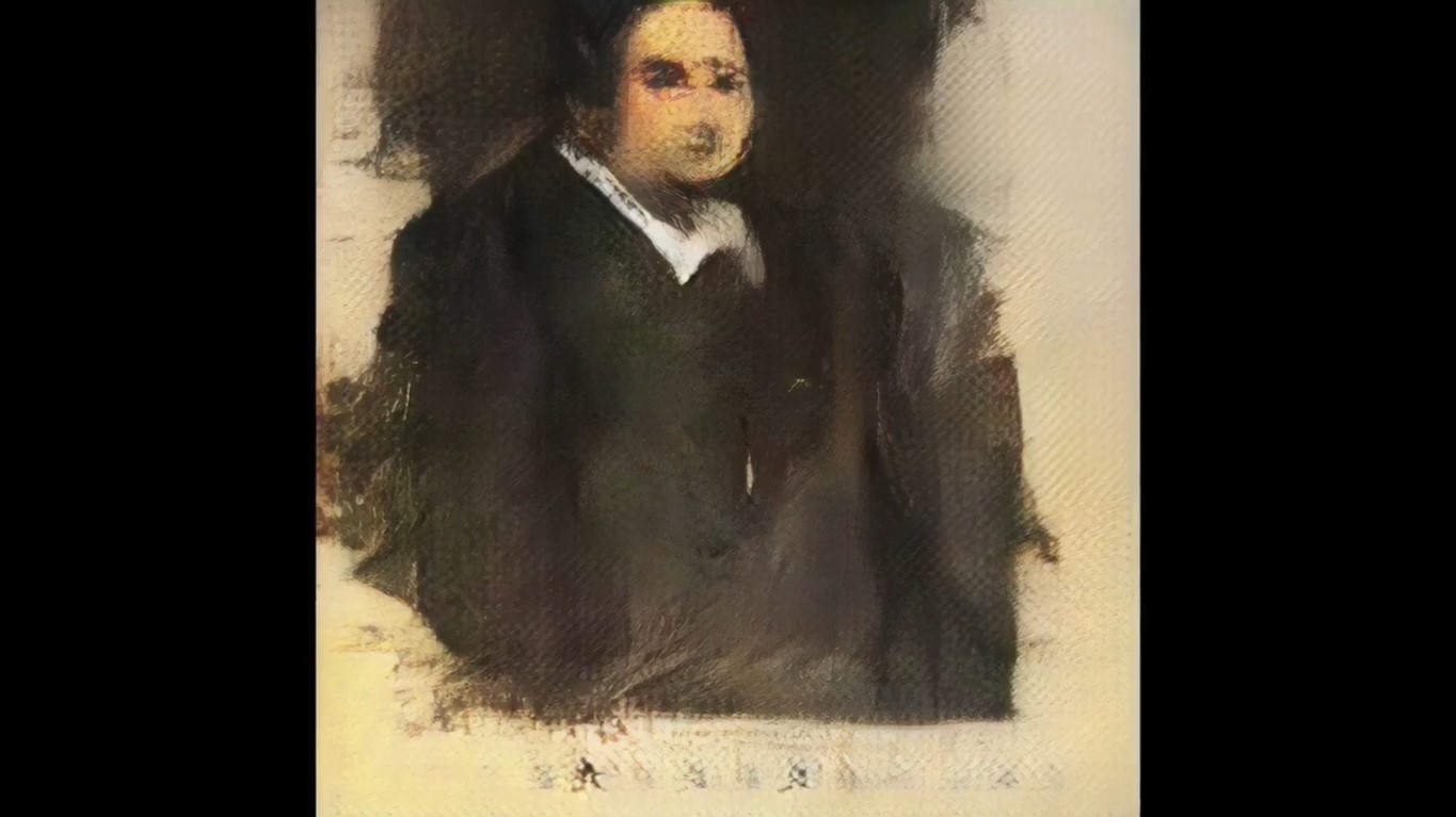 The Portrait of Edmond de Belamy, with the face looking blurred and him in black clothes with white collar