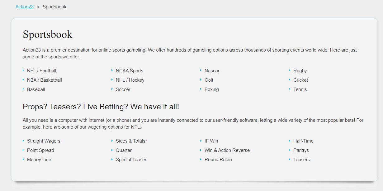 Screenshot of Action23 Sportsbook Page