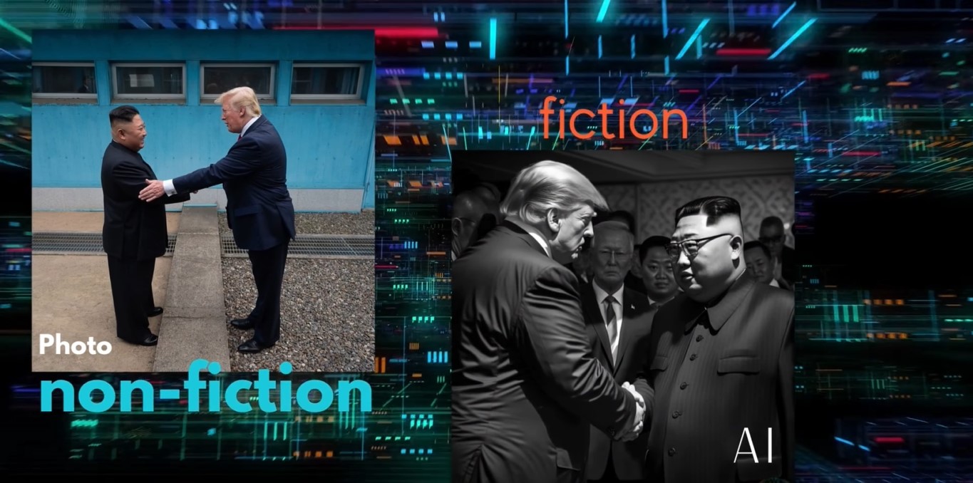 Two photos of Kim Jong Un and Donald Trump, with the one on the right a deepfake