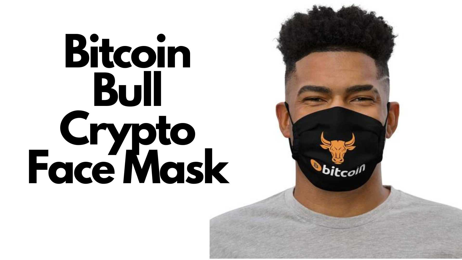 A man wearing a black face mask with a bull design and bitcoin logo