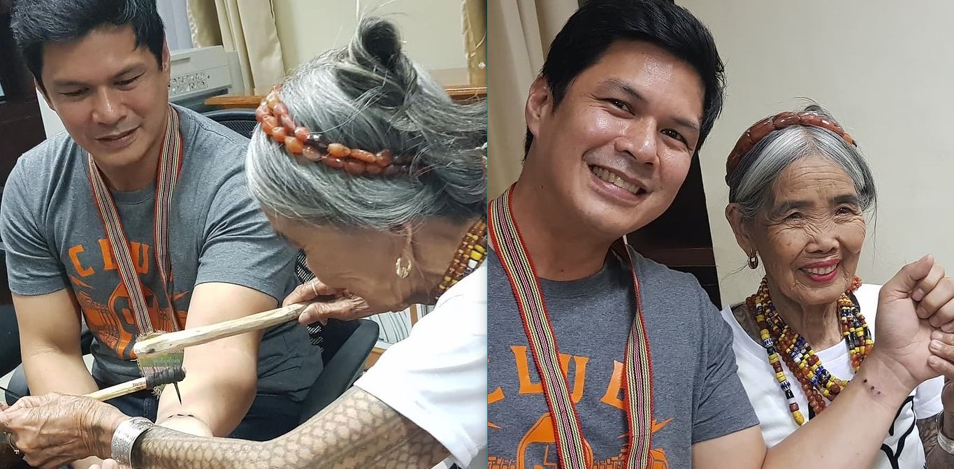 Apo Whang-od giving Raymart Santiago a tattoo; him beside Whang-od and showing his 3-dot tattoo on his left pulse