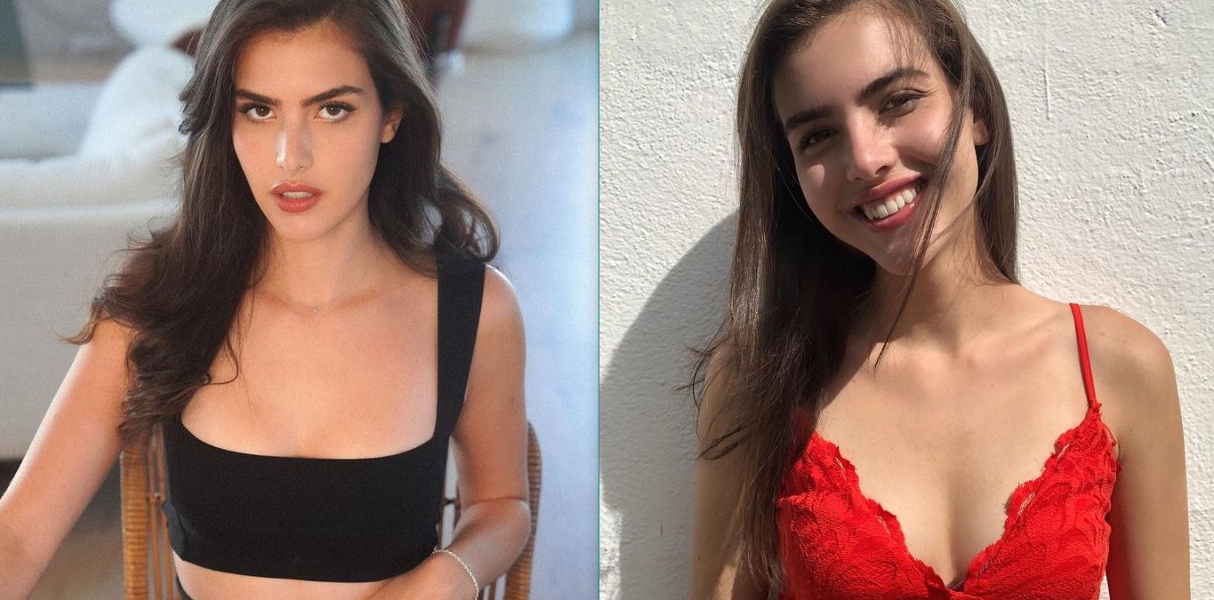 Alexandra Botez in a black crop top; Alexandra Botez in a red lace spaghetti strap smiling under the sun