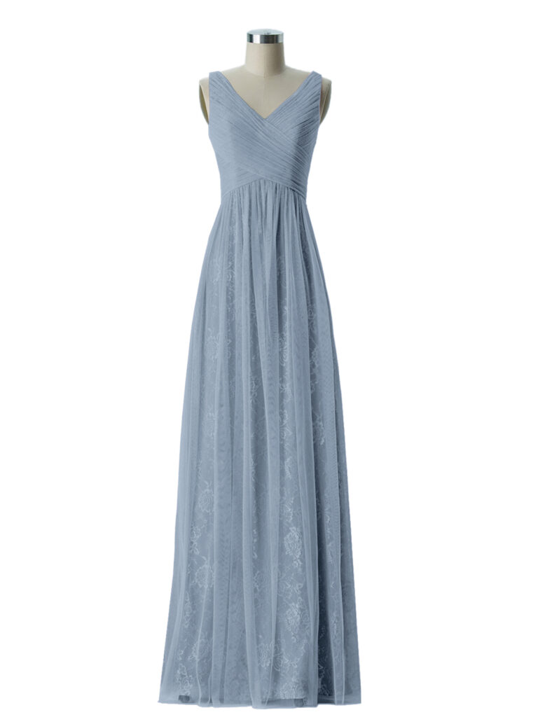 A Bryony Dusty Blue tulle dress With V-neck lace lining