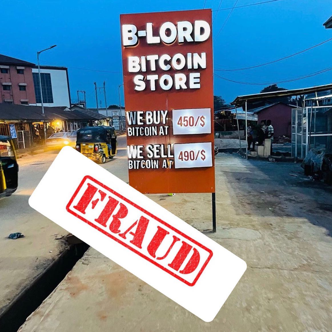 Signage of a fraud B-Lord Bitcoin store out on the street