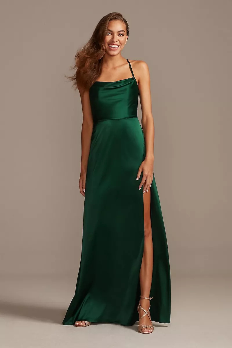 A Bridesmaid Wearing A DB Studio Shiny Charmeuse Slip Dress With Slit And Gold Heels