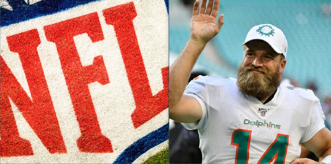 An NFL grass logo; a smiling Ryan Fitzpatrick raising a right arm in his Miami Dolphins Number 14 uniform