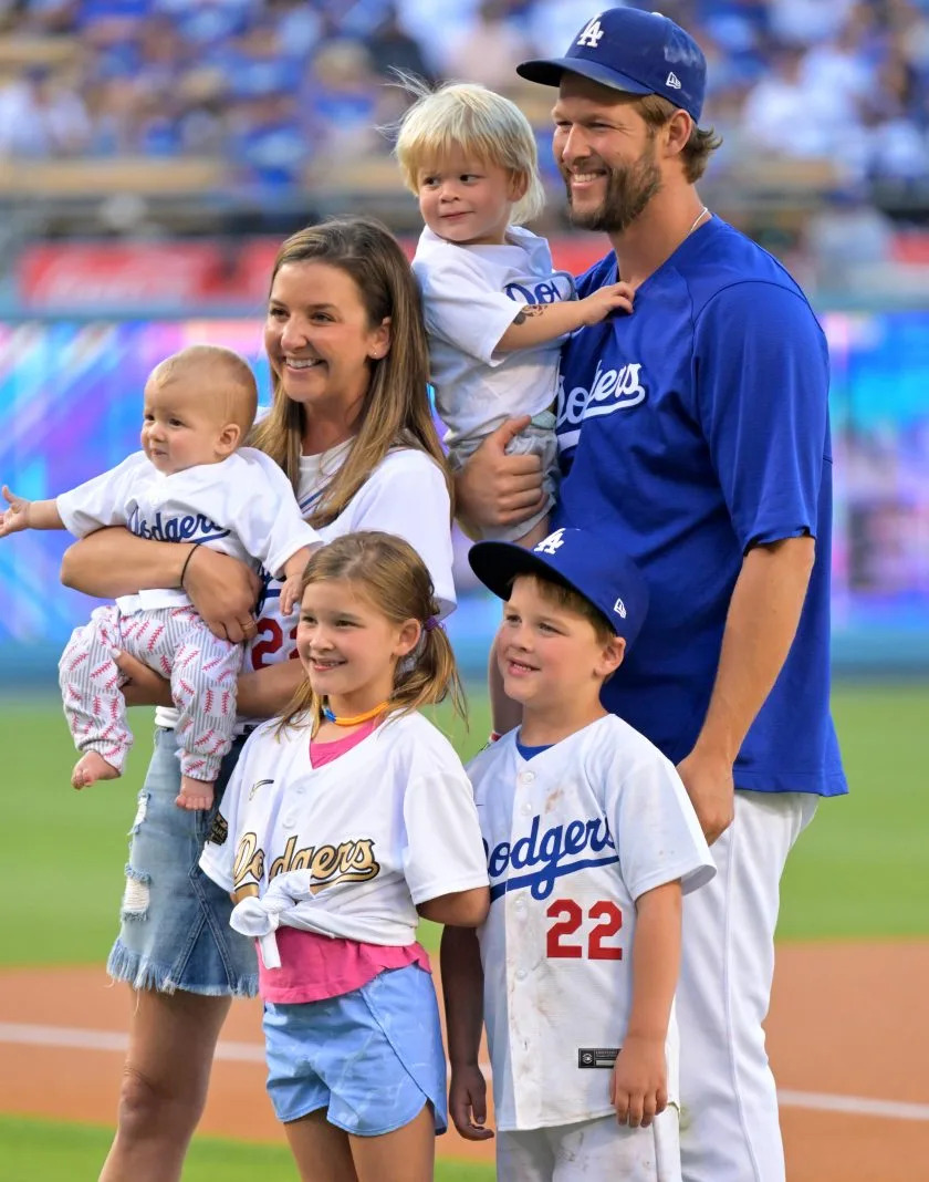 Clayton Kershaw and Ellen Kershaw with their Kids wearing uniform