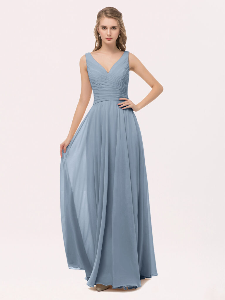 A Cassiopeia Dusty Blue Dress With Chiffon V-neck Dress