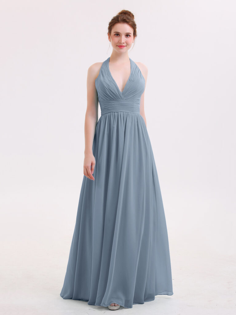 A Nydia Dusty Blue Dress With Halter Style and Deep V-neck