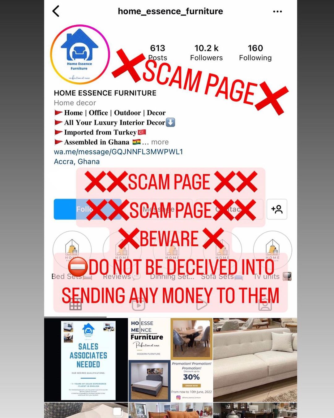 Instagram profile of online scammer and bogus store Home Essence Furniture labelled ‘scam page’