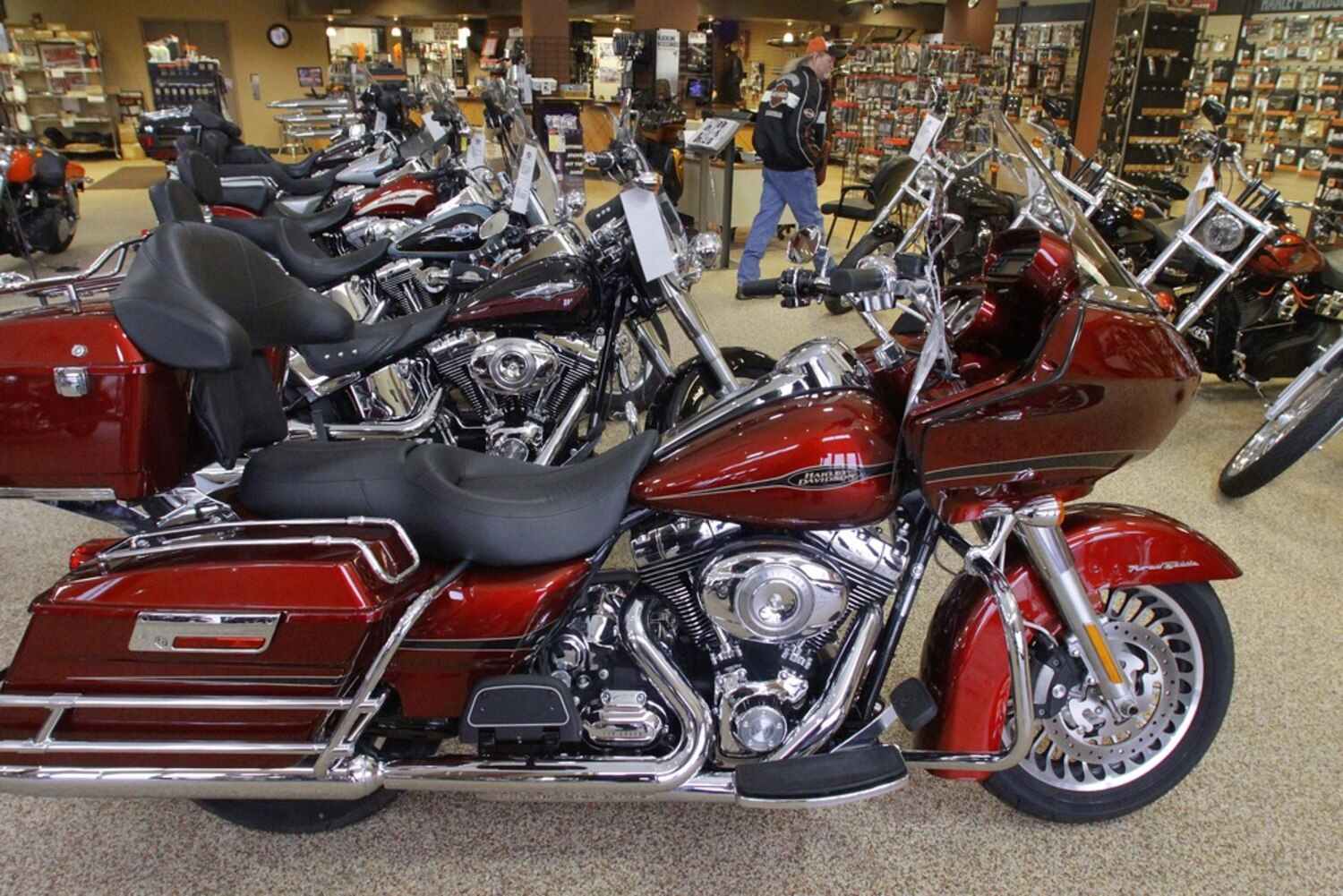 Motorcycles displayed in a motor shop in the US