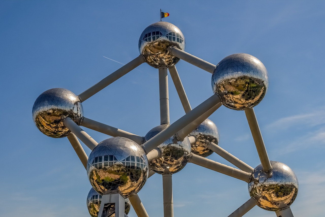 Eight steel spheres of the Atomium in Brussels attached on aluminum panels, with the Belgian flag on one sphere