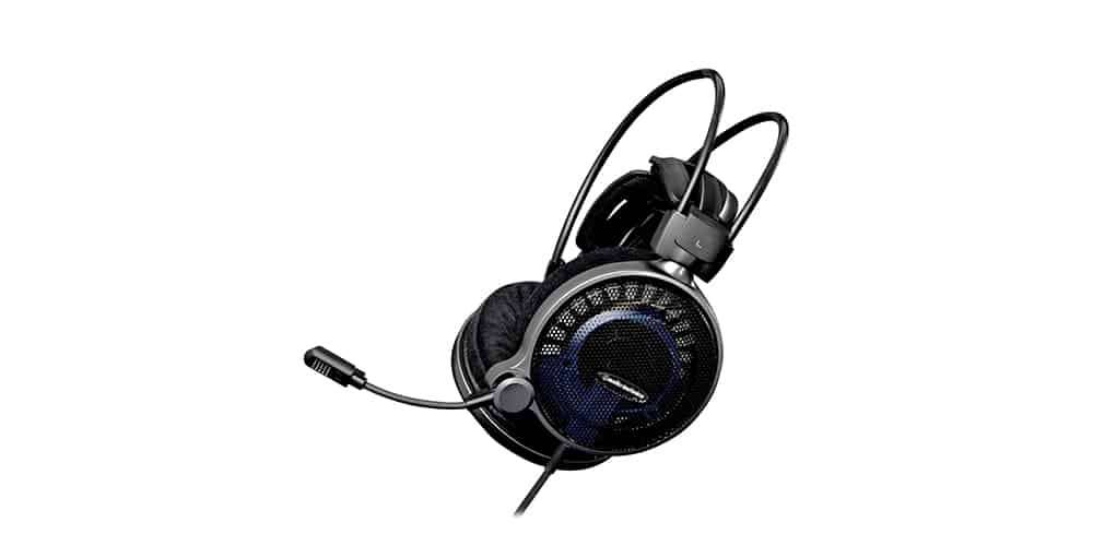 A black Audio-Technica ATH-ADG1X headset with a wired cord and a microphone
