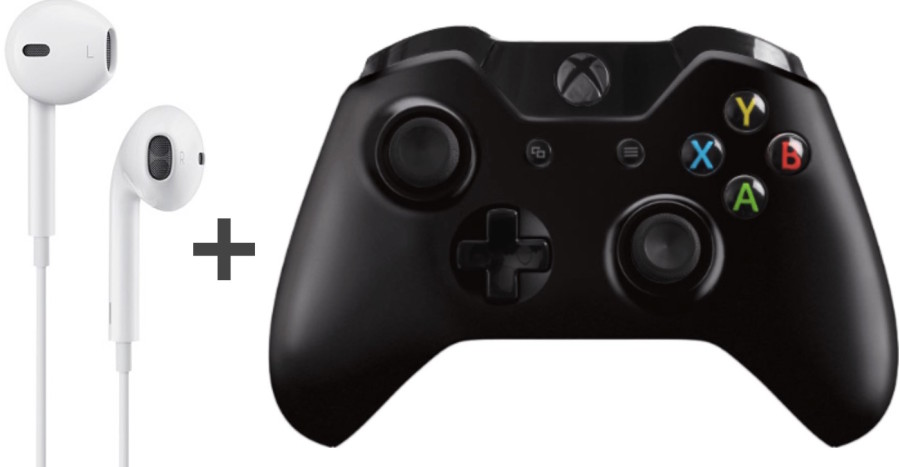 White Iphone earbuds and black Xbox One controller