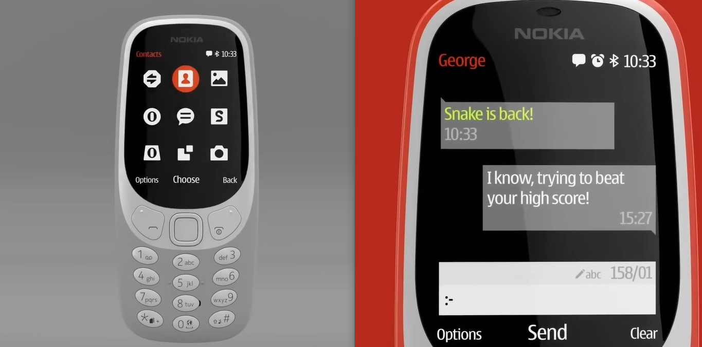 The new gray Nokia 3310, with its features; the new red Nokia 3310, with its text messaging feature