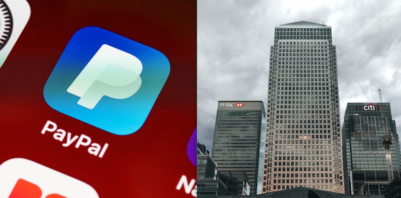 PayPal app icon, with an uppercase ‘P’ in white as seen on a smartphone; HSBC and Citibank buildings