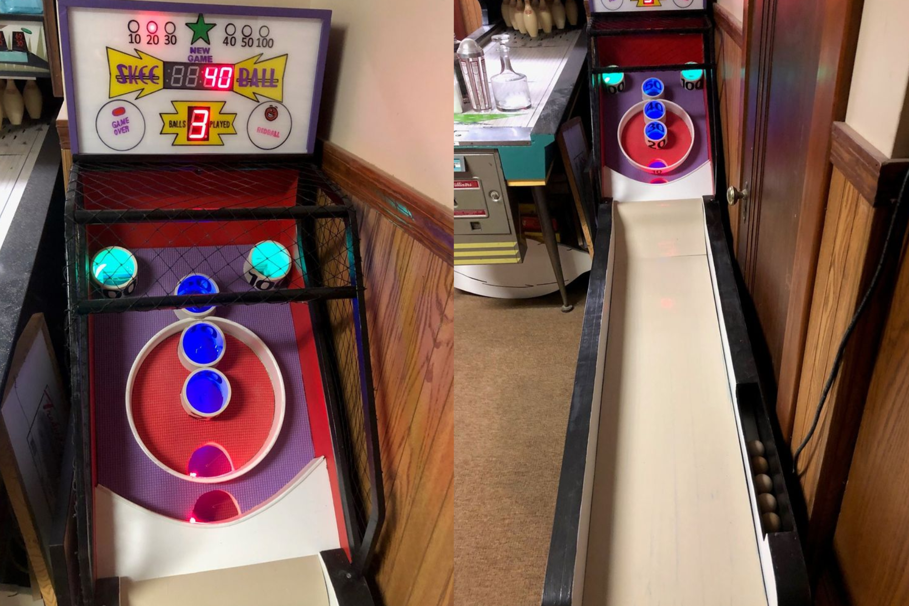 Two shots of the scoring system of a skee ball machine
