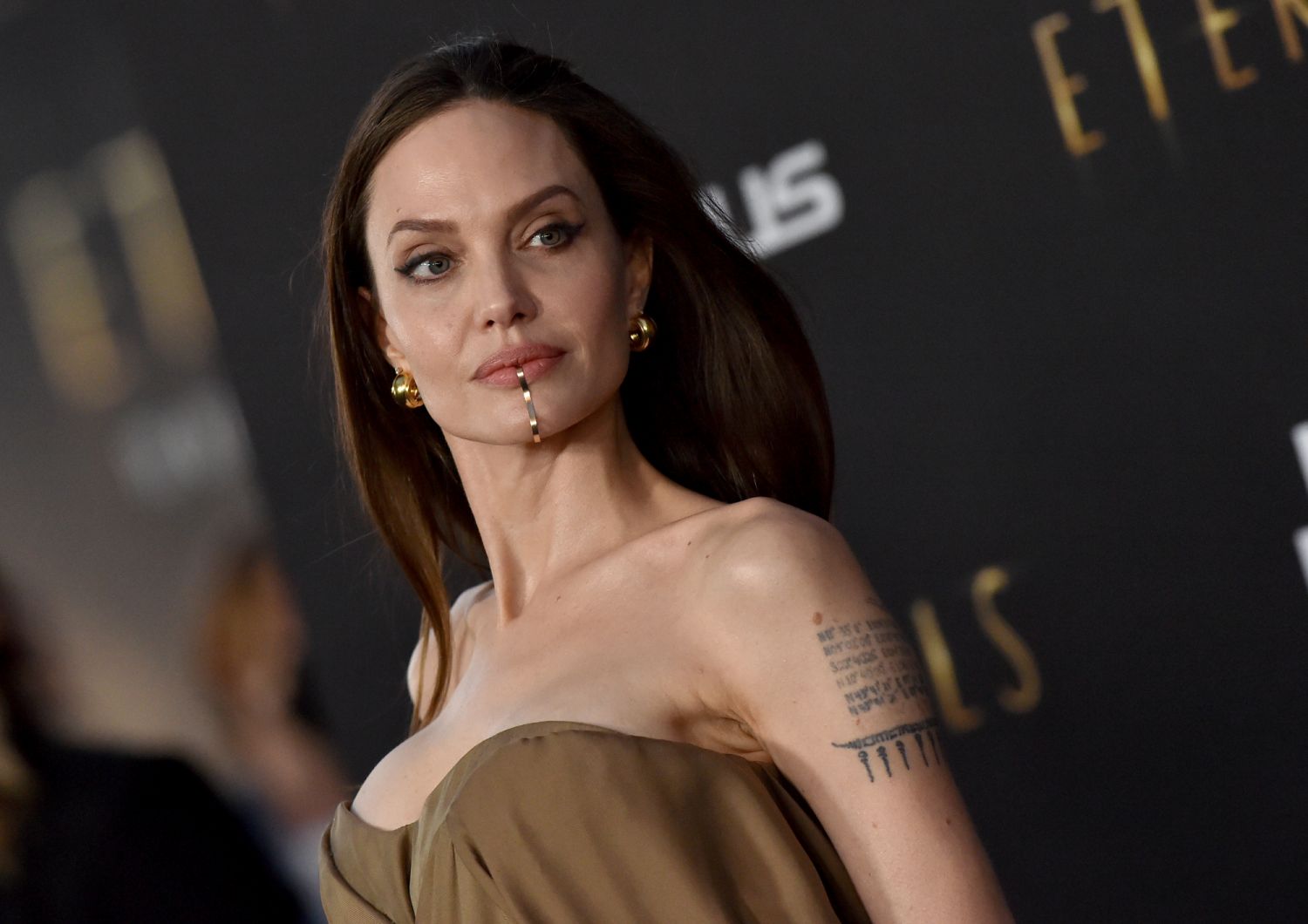 Angelina Jolie wearing brown dress