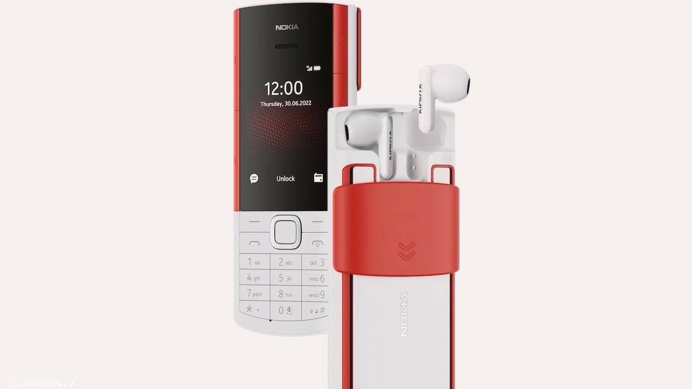 The front and back of a red-and-white Nokia 5710 XpressAudio dumb phone, with wireless earbuds at the back