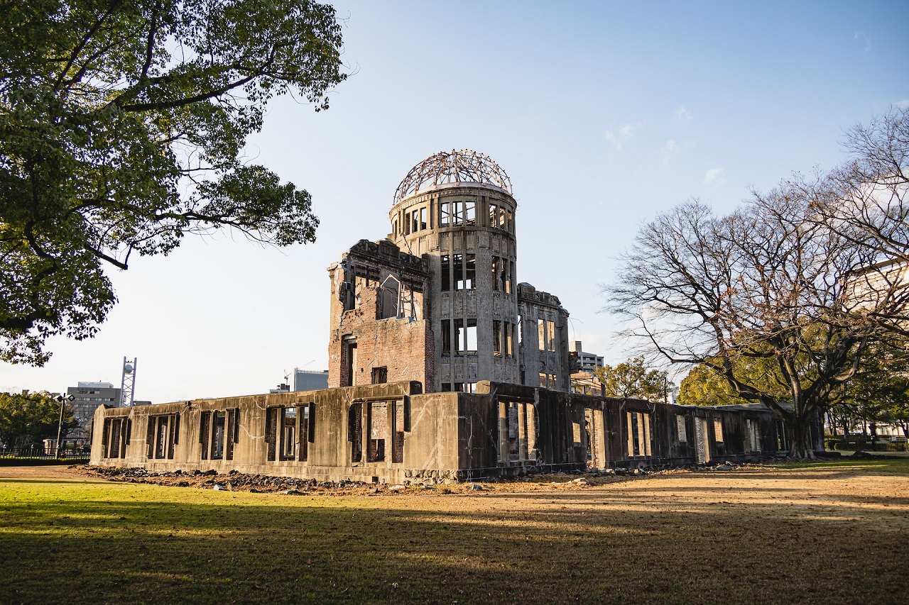 The Hiroshima Peace Memorial as represented by the ruins of a stone structure with a domed tower