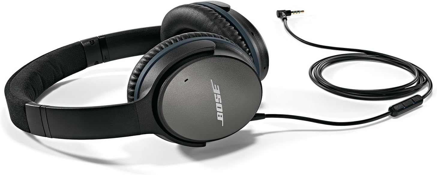 A black Bose QuietComfort 25 headset with a black cables plugged into it