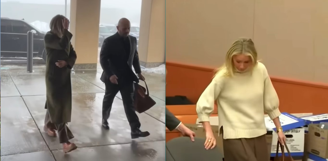Gwyneth Paltrow in long coat and boots walking to a Utah courthouse; Gwyneth Paltrow in sweater pulling a chair